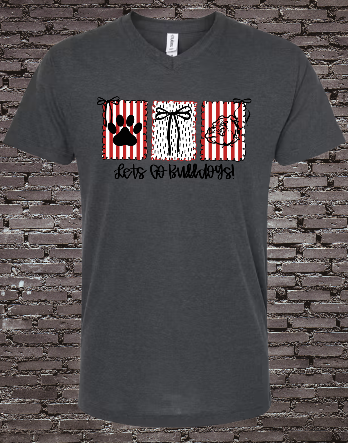 Let's Go Bulldogs on Heather Charcoal Tultex V-Neck Tee