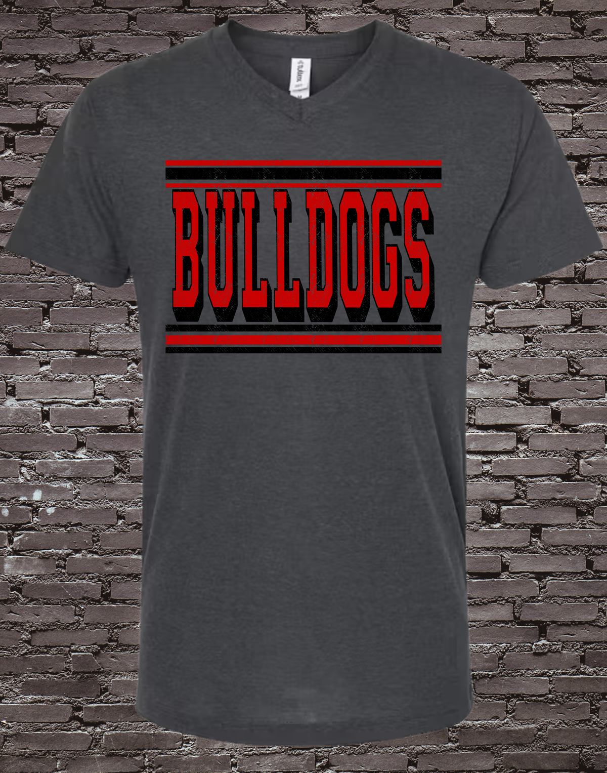 Bulldogs Red/Black on Heather Charcoal Tultex V-Neck Tee